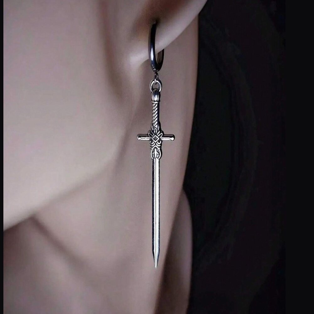 🧿 3 for $33 🧿 Long Silver Sword Earrings - Gothic Medieval Fantasy Drop